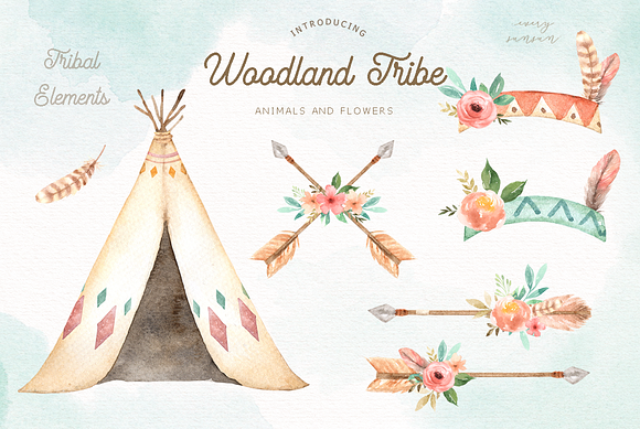 Woodland Tribe Watercolor Clip Art in Illustrations - product preview 2