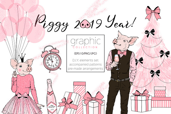Piggy New Year graphic set