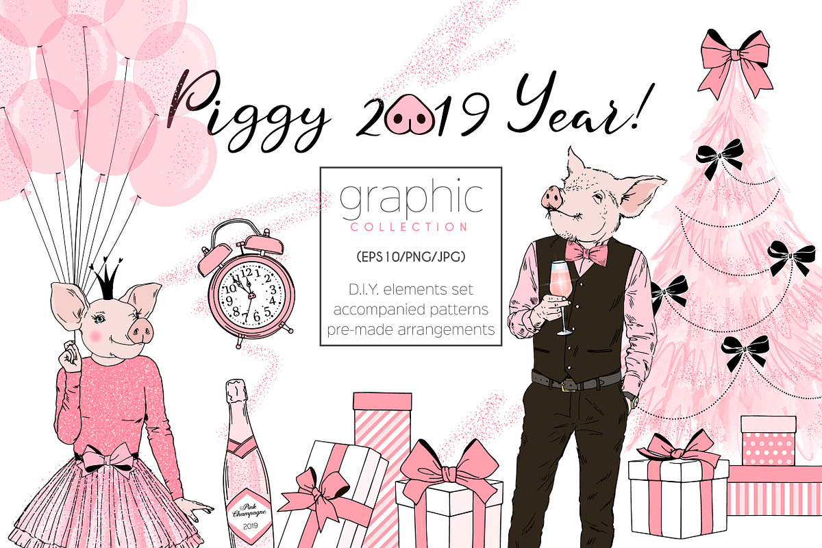 Piggy New Year graphic set in Illustrations - product preview 8