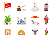 Turkey flat colored icons set