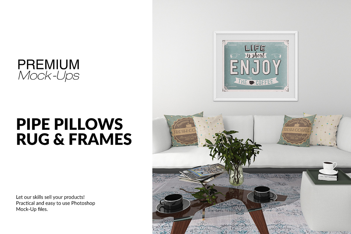 Pipe Pillows, Carpet & Frames Set in Product Mockups - product preview 8