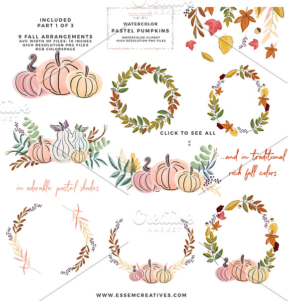 Fall Floral Pumpkin Wreath Clipart in Illustrations - product preview 3