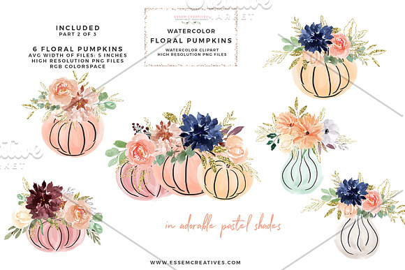 Fall Floral Pumpkin Wreath Clipart in Illustrations - product preview 4