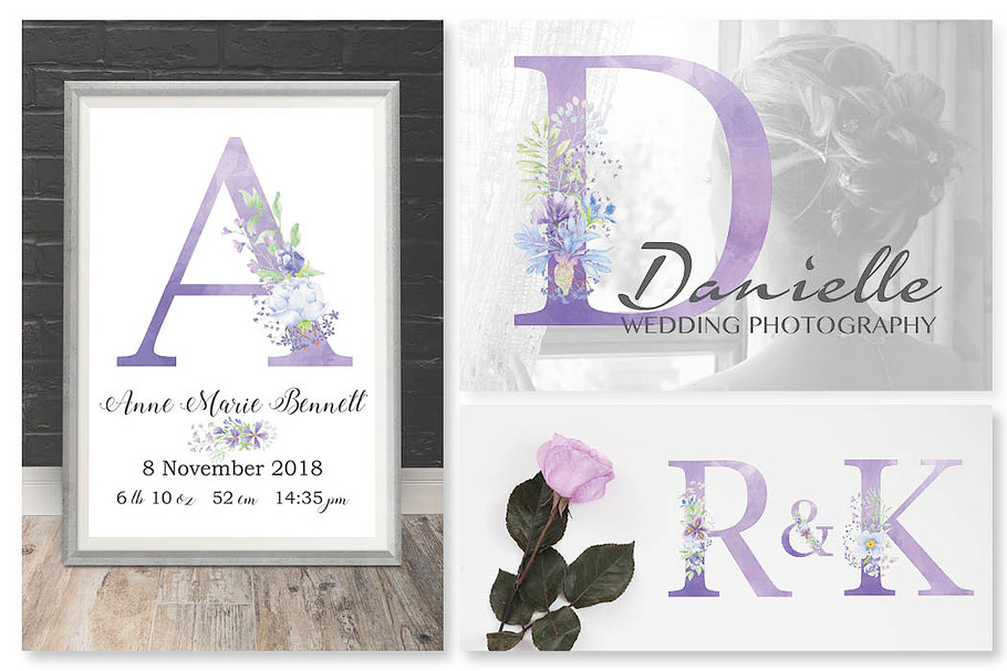 Lilac and blue floral alphabets