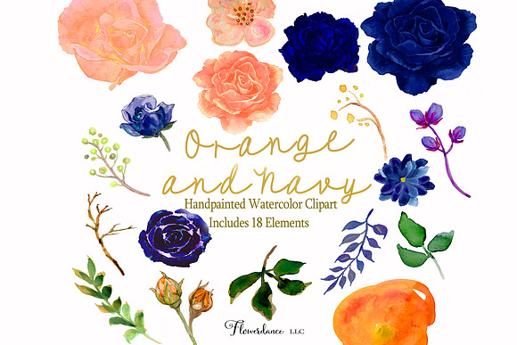Orange & Navy Watercolor Collection in Illustrations - product preview 1