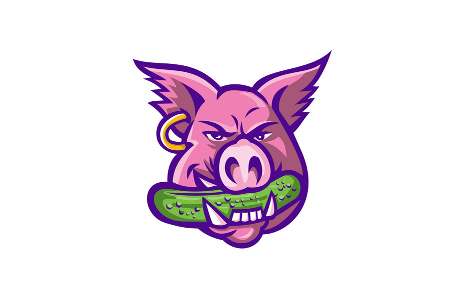 Pink Pig Biting Pickle Mascot