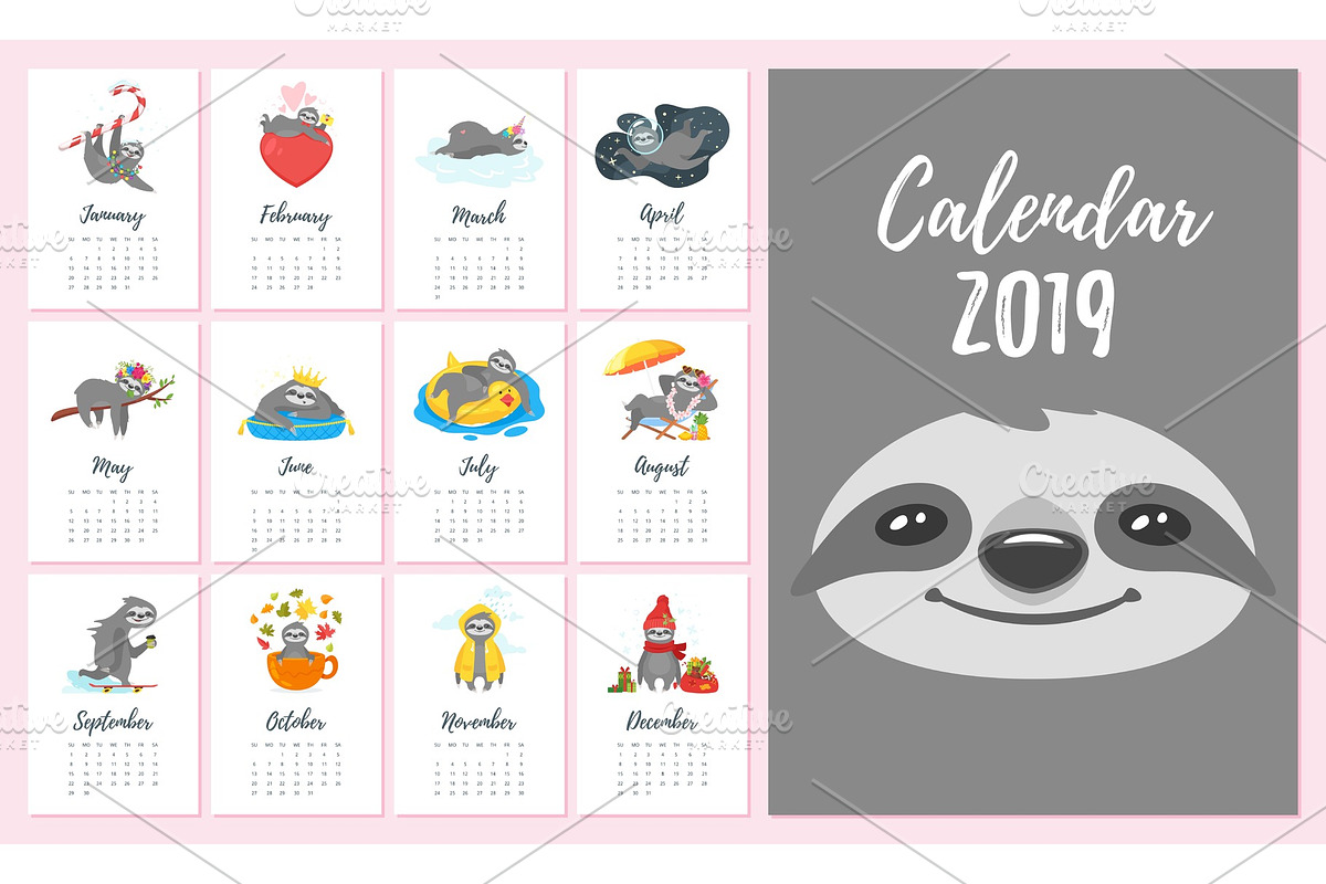 2019  year monthly sloth  calendar in Illustrations - product preview 8