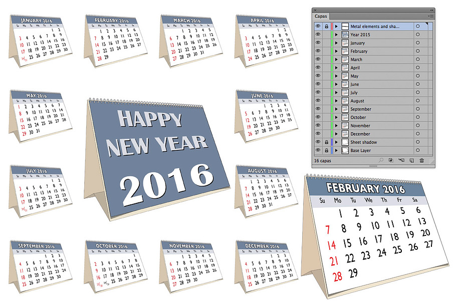 Year 2016 complete calendar in Objects - product preview 8