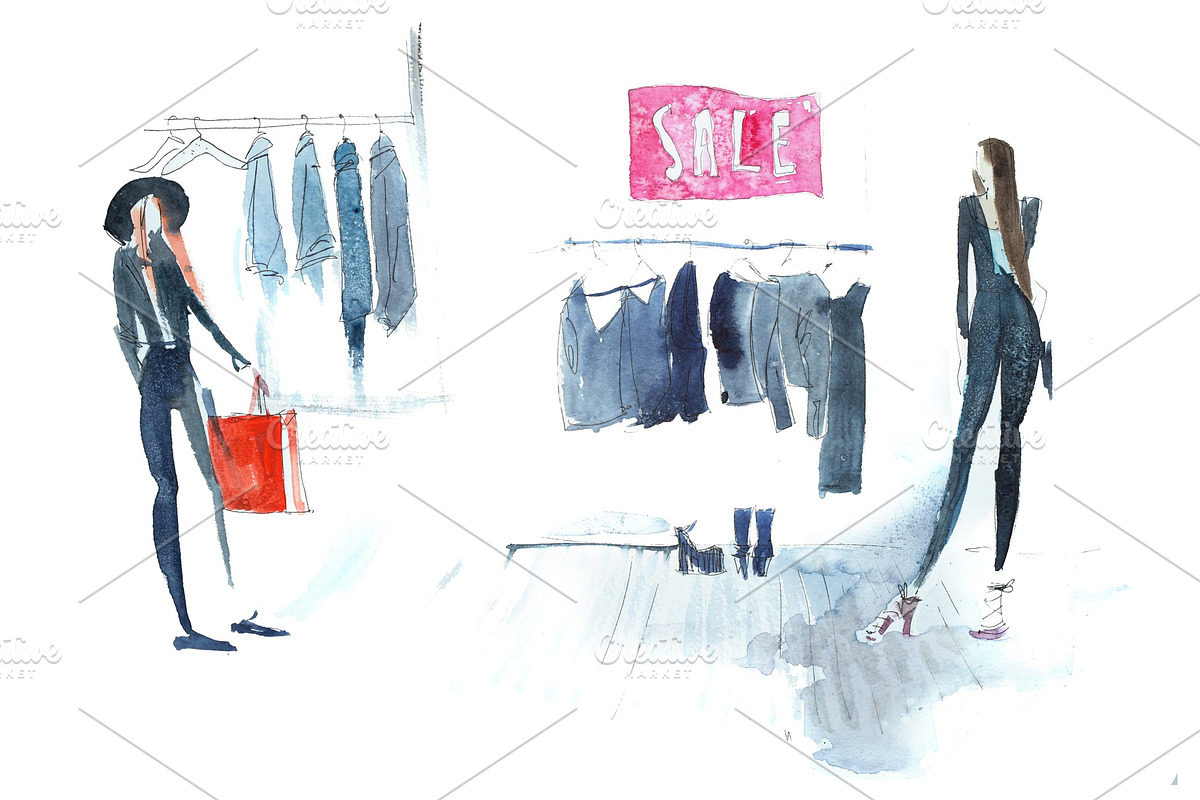Shopping woman in clothing store in Illustrations - product preview 8