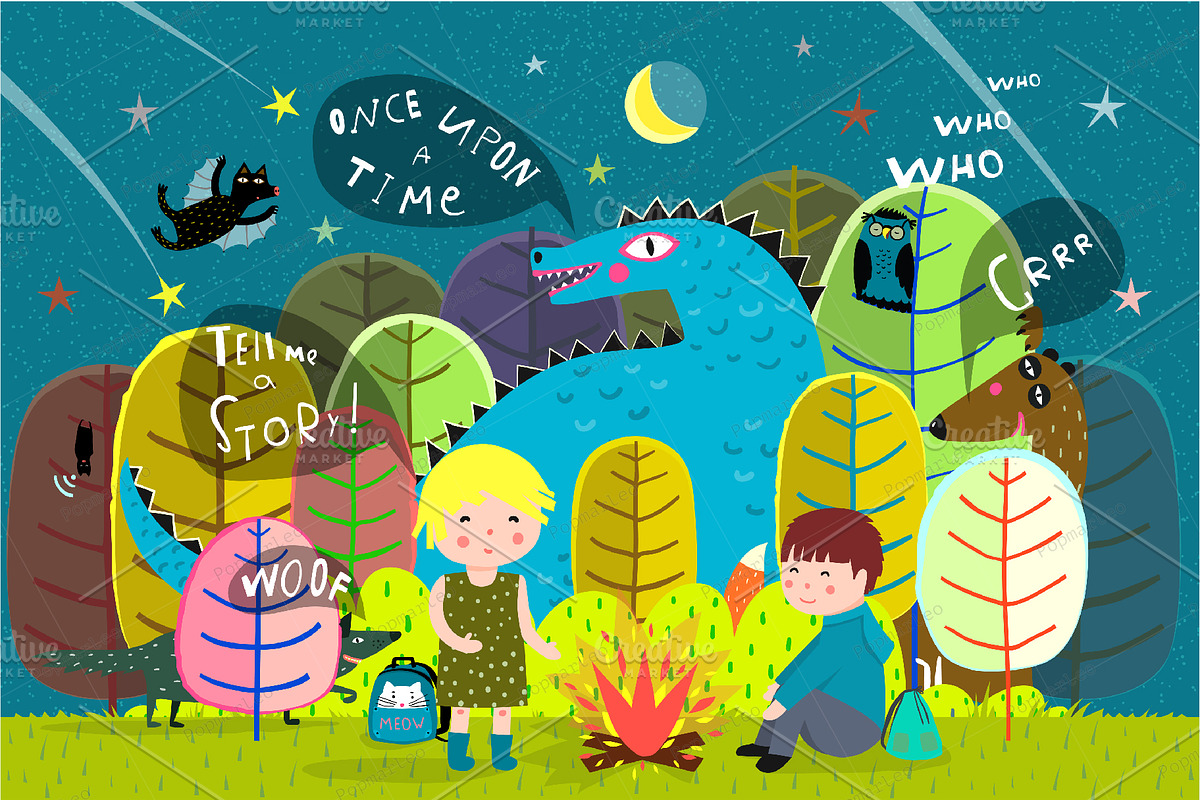 Kids camping in Forest with dragon in Illustrations - product preview 8
