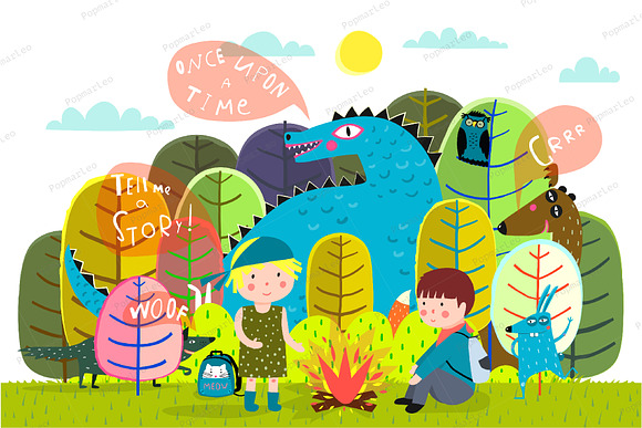 Kids camping in Forest with dragon in Illustrations - product preview 1