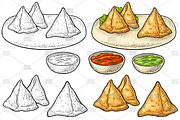 Samosa on board with sauces in bowl