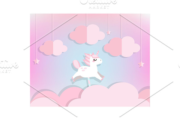 fairy unicorn flying in pink clouds