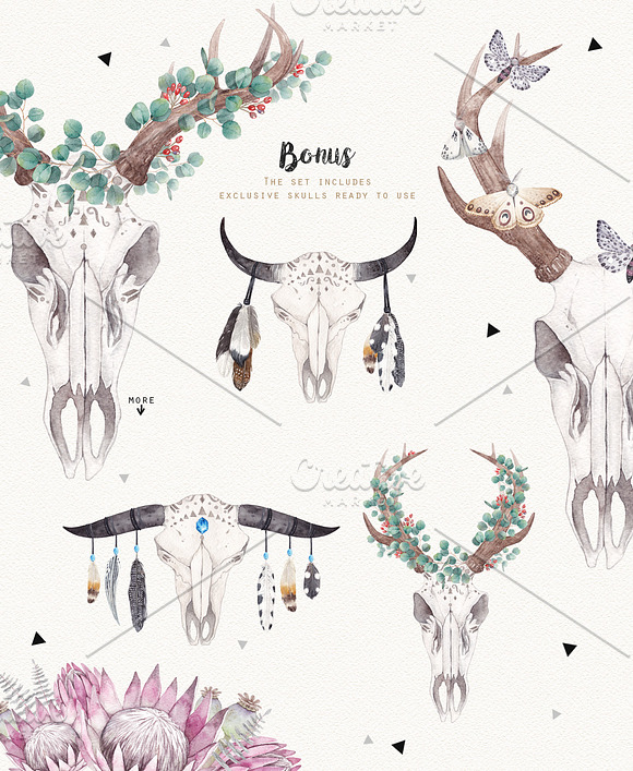 BOHO SKULLS watercolor set in Illustrations - product preview 4