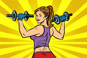 Pop art Sporty woman with dumbbells