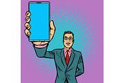 businessman shows a smartphone