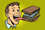 man with books in a long tongue