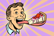 man with a cake in a long tongue