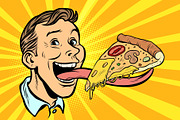 man with pizza on long tongue
