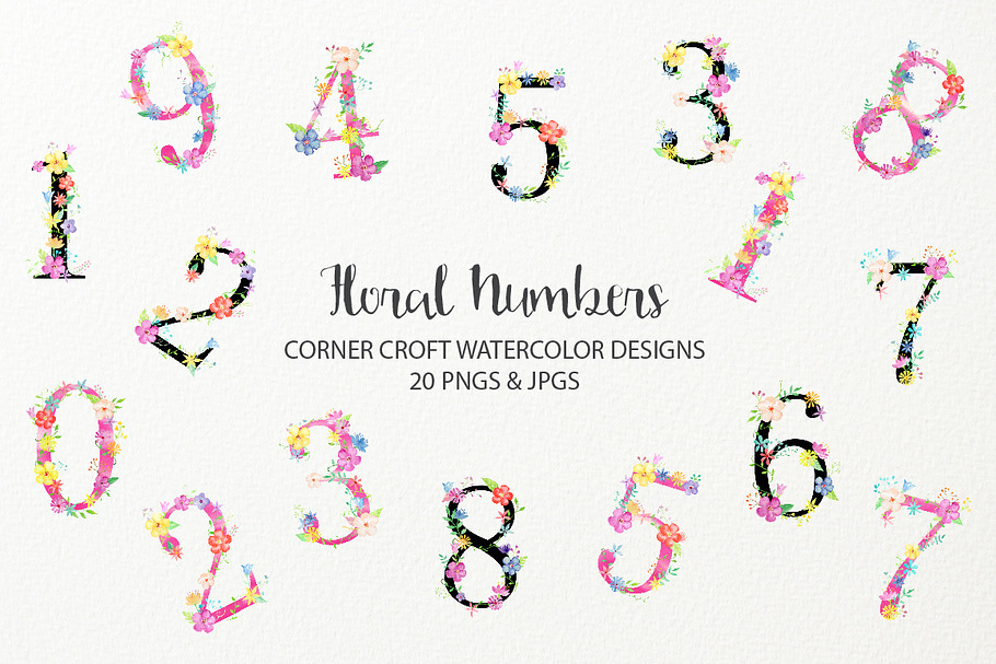 Watercolor Floral Number Clipart