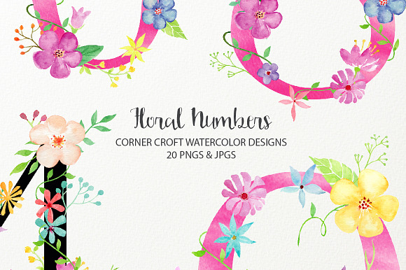 Watercolor Floral Number Clipart in Illustrations - product preview 5