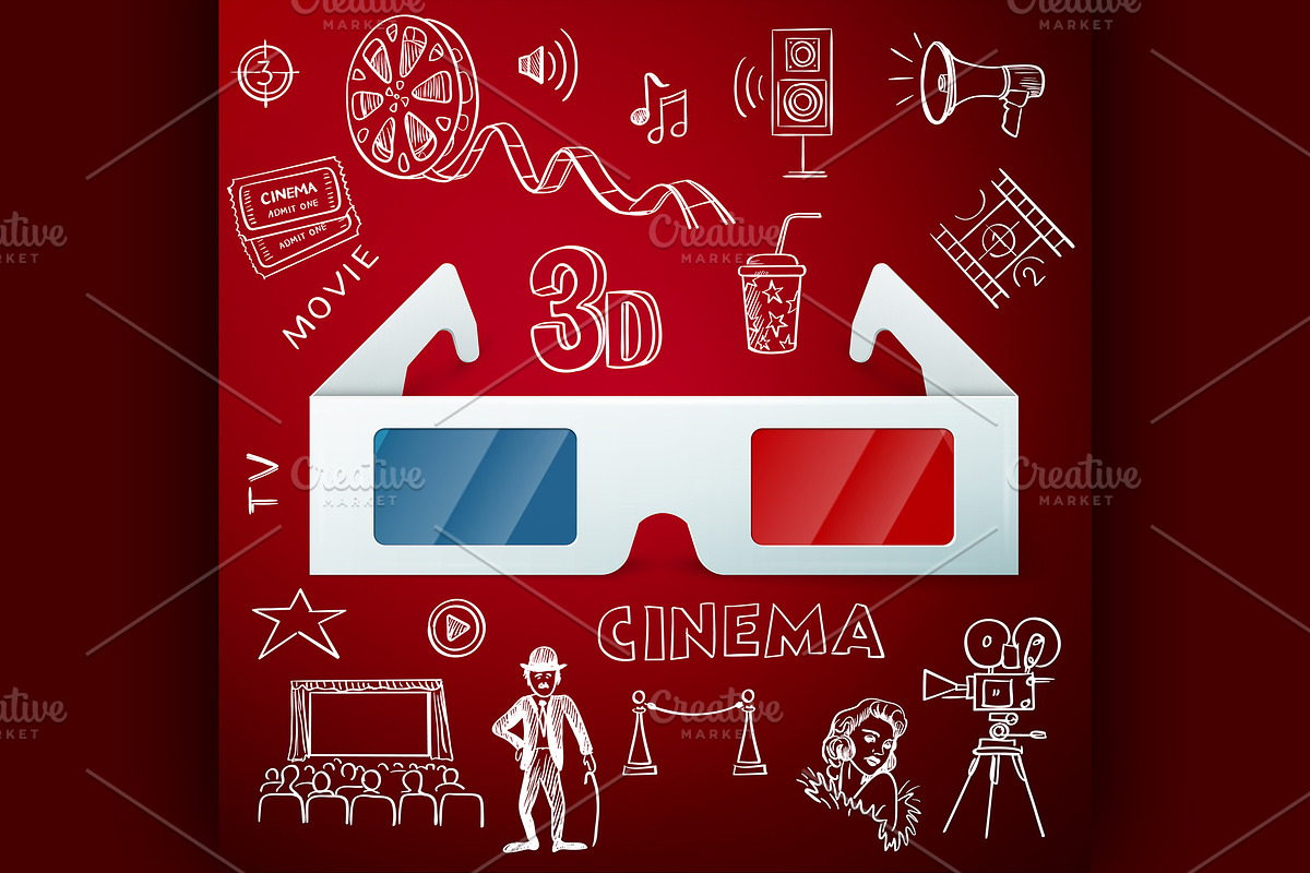 3d glasses and hand draw cinema icon in Illustrations - product preview 8