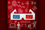 3d glasses and hand draw cinema icon