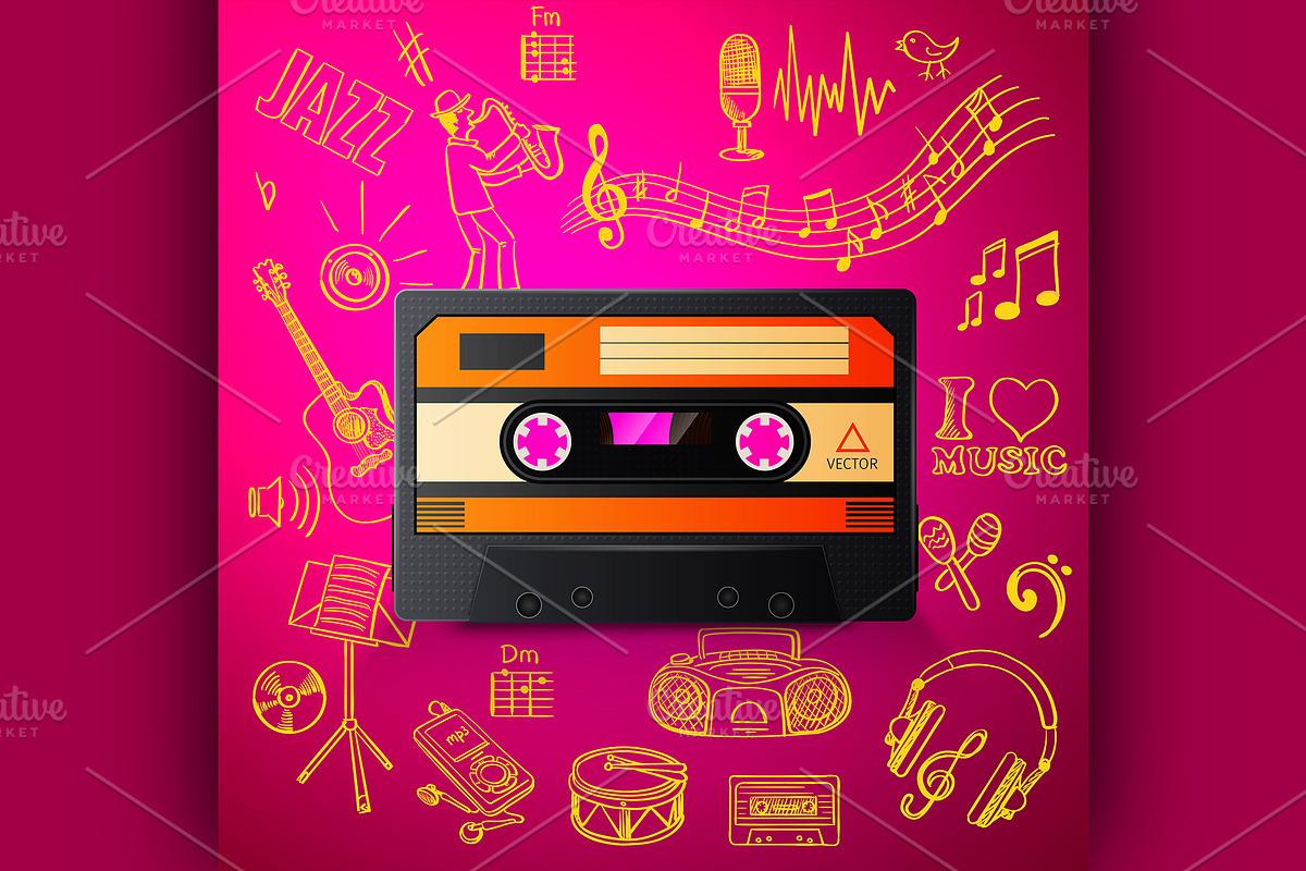 cassette and hand draw music icon in Illustrations - product preview 8