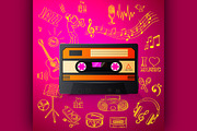 cassette and hand draw music icon