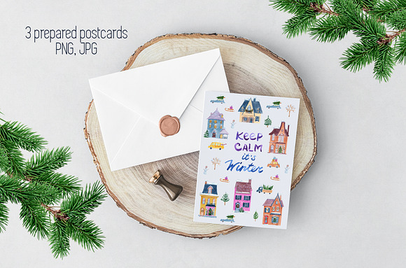 Watercolor winter houses in Illustrations - product preview 1
