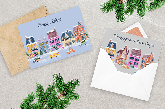 Watercolor winter houses in Illustrations - product preview 3