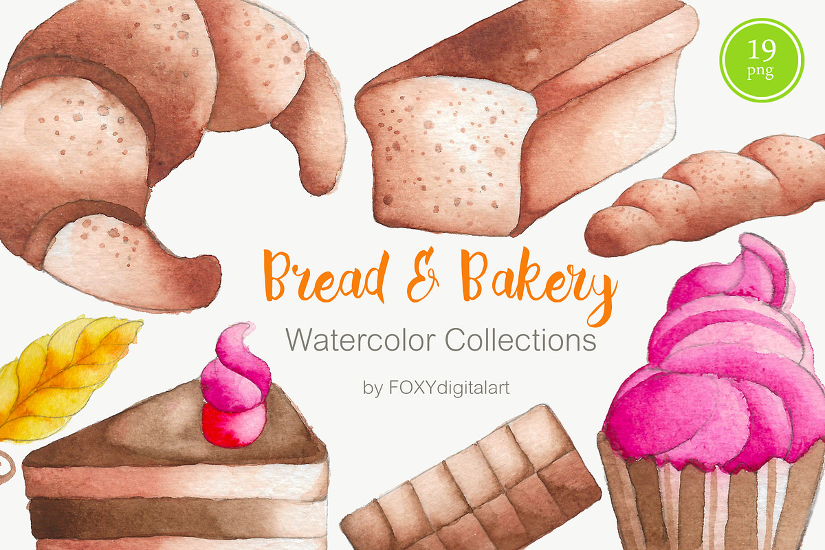 Bread and bakery watercolor clipart in Illustrations - product preview 8