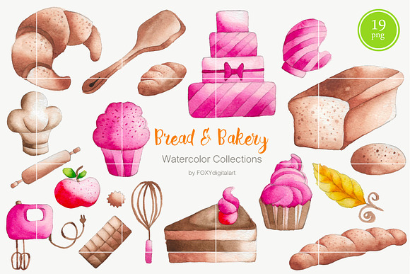 Bread and bakery watercolor clipart in Illustrations - product preview 1