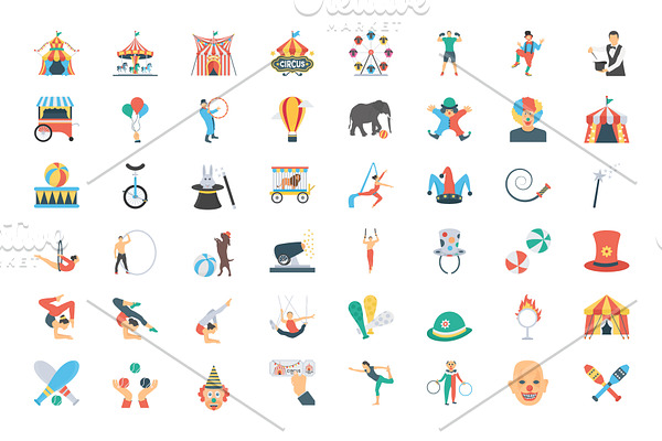 100 Circus Carnival Flat Icons