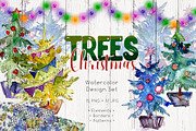 Trees Christmas PNG watercolor set
