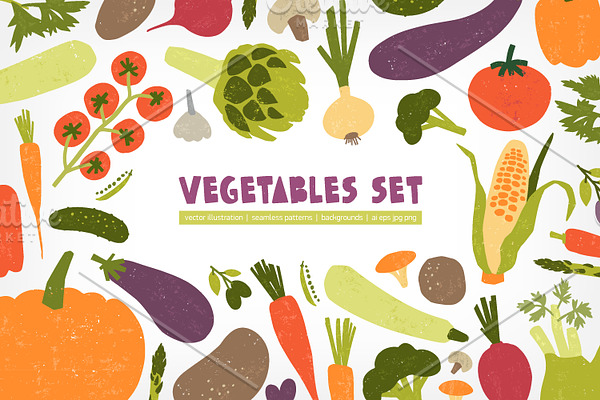 Vegetables set and seamless pattern