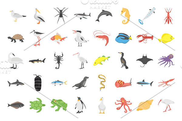 40 Underwater Life Animals Flat Icon