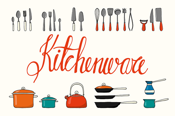 27 hand drawn kitchenware objects