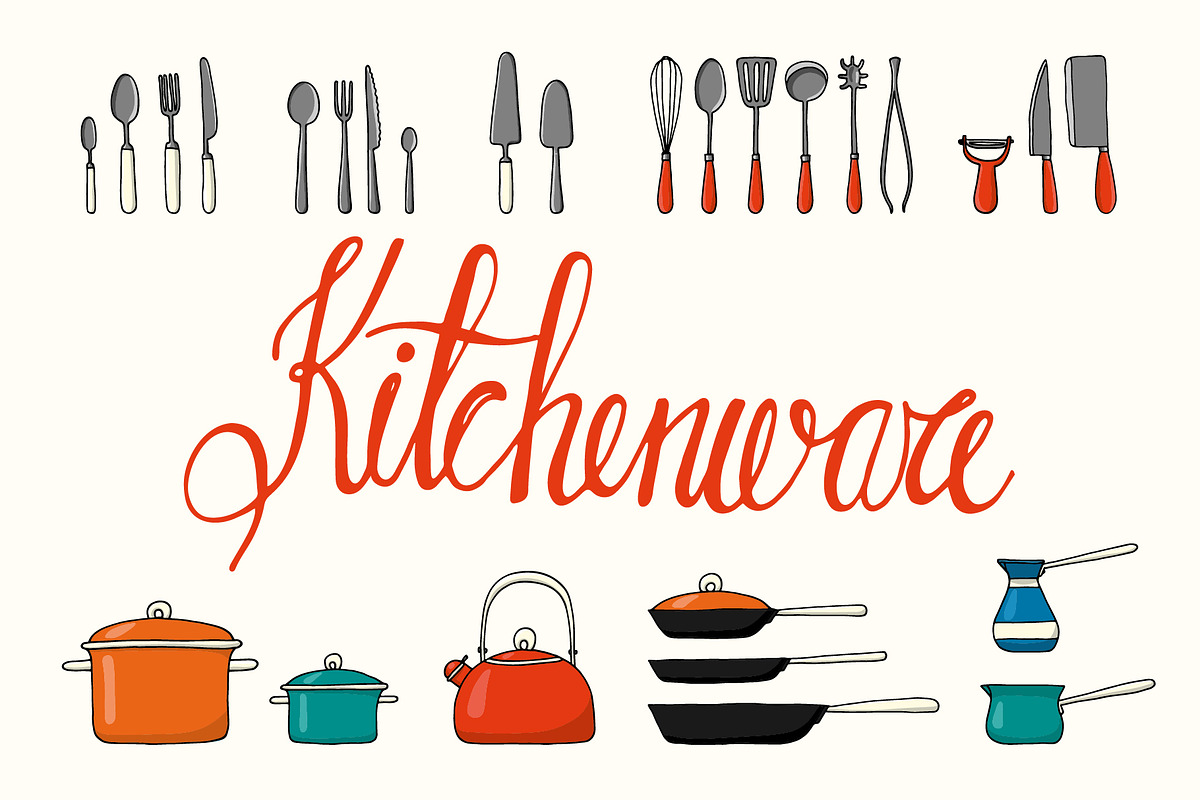 27 hand drawn kitchenware objects in Illustrations - product preview 8