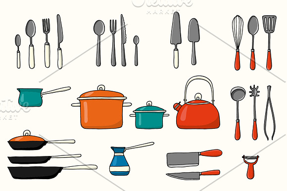 27 hand drawn kitchenware objects in Illustrations - product preview 1