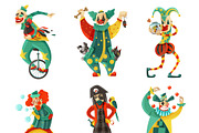 Funny circus clowns icons set