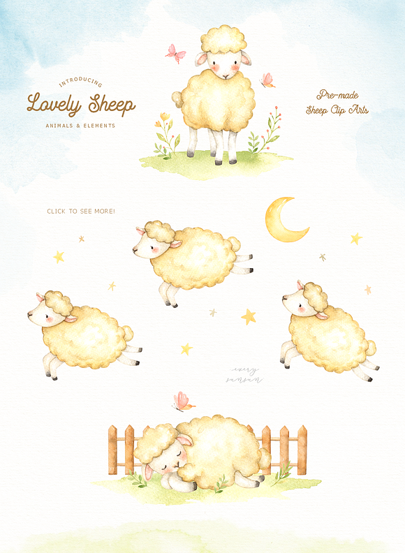 Lovely Sheep Watercolor Clip Art in Illustrations - product preview 3