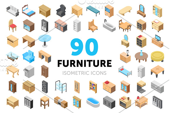 90 Furniture Isometric Icons in Icons - product preview 2