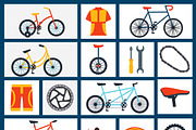 Bicycles accessories flat icons set