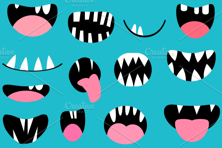 Spooky monster mouths clip art set