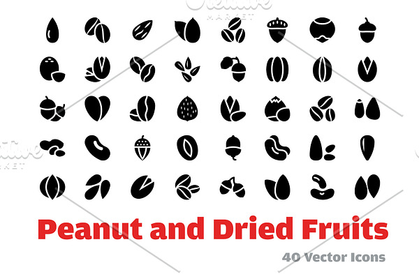 40 Peanut and Dried Fruits Icons