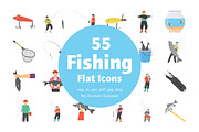 55 Fishing Flat Vector Icons
