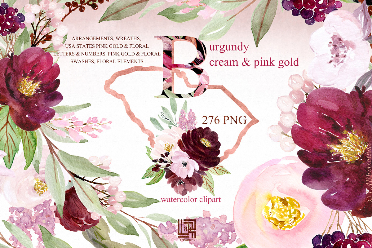 Burgundy flowers USA states in Illustrations - product preview 8