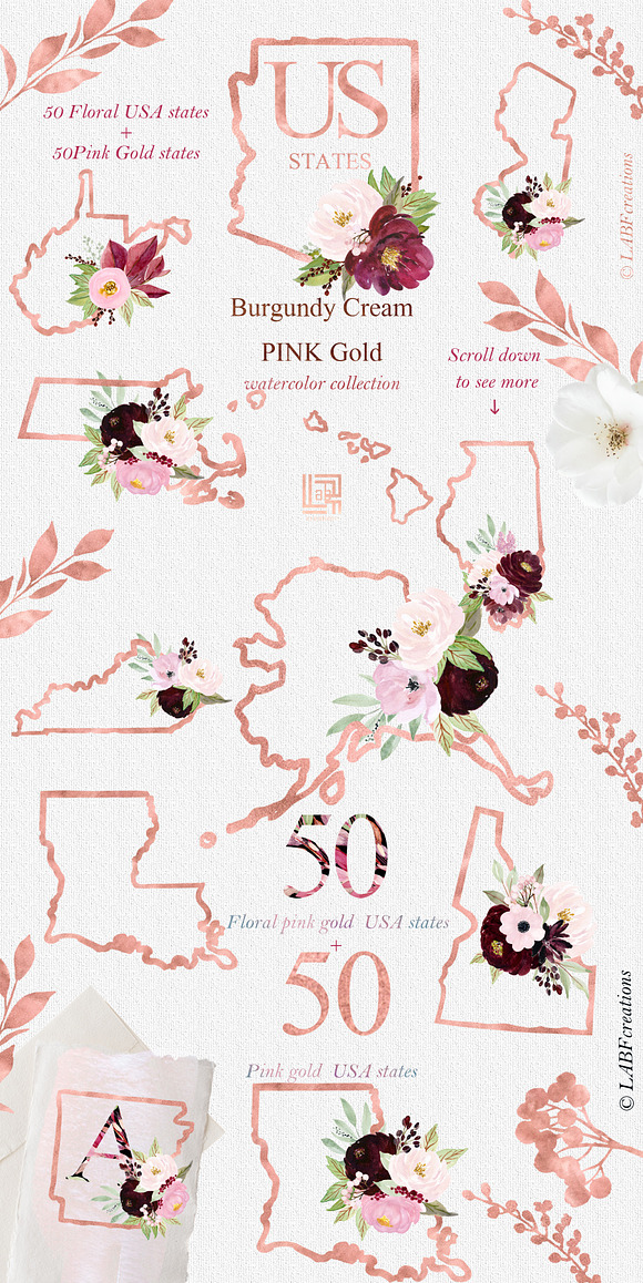 Burgundy flowers USA states in Illustrations - product preview 7