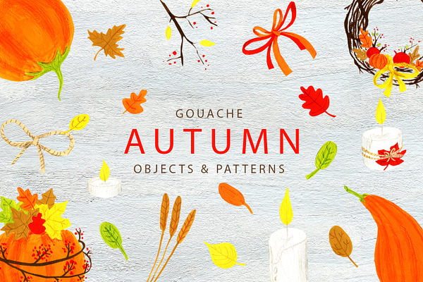 Gouache autumn objects and patterns